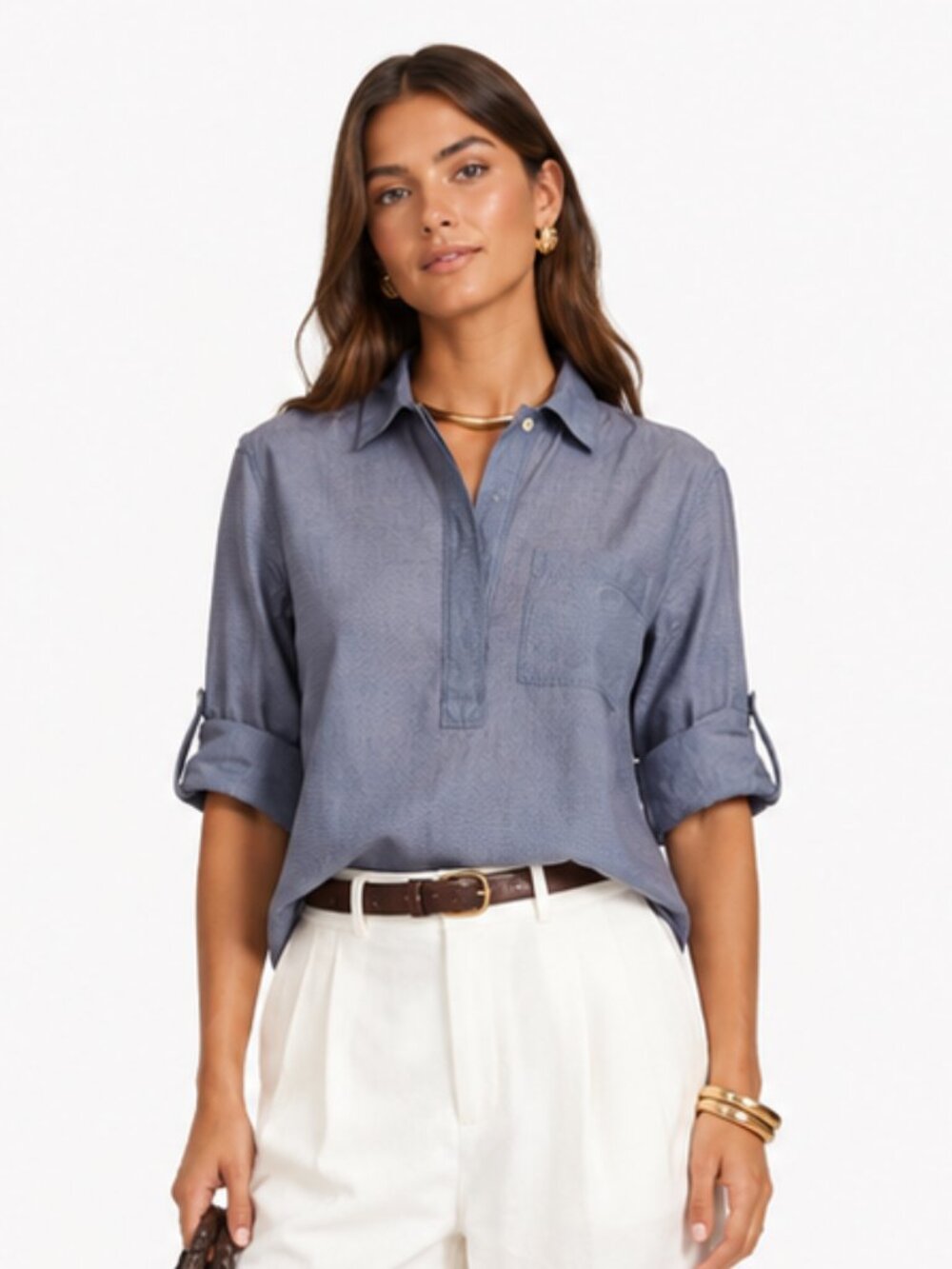 GAP Periwinkle Blue Cotton Button-Placket Popover Blouse
